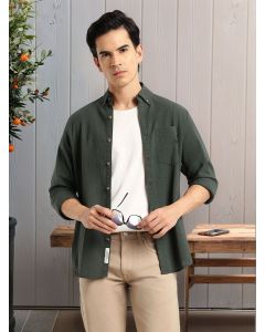 Olive Premium Slim Fit Long Regular Sleeves Button-Down Collar Pinstripes 100% Cotton Seersucker Casual Shirt