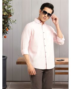 Pink Premium Slim Fit Long Regular Sleeves Button-Down Collar Pinstripes 100% Cotton Seersucker Casual Shirt