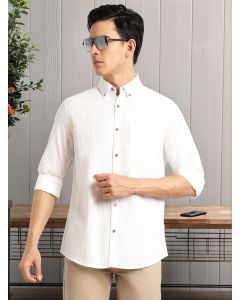 White Premium Slim Fit Long Regular Sleeves Button-Down Collar Pinstripes 100% Cotton Seersucker Casual Shirt