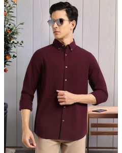 Wine Premium Slim Fit Long Regular Sleeves Button-Down Collar Pinstripes 100% Cotton Seersucker Casual Shirt