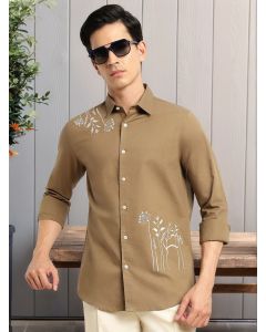 Khaki Regular Fit Long Sleeves Spread Collar Oxford Embroidered Shirt