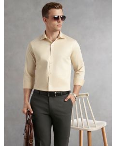 Beige Regular Fit Long Sleeves Spread Collar Solid 100% Cotton Formal Shirt