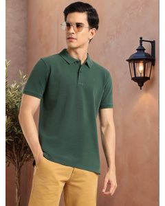 Green Short Sleeves Regular Fit Solid 100% Cotton Polo Collar Knitted T-shirt