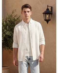 White Slim Fit Long Sleeves Button-Down Collar Vertical Striped Linen Casual Shirt