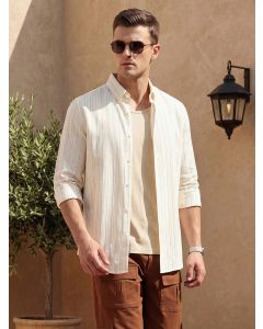Beige Slim Fit Long Sleeve Button-Down Collar Vertical Striped Linen Casual Shirt