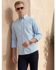Blue Slim Fit Long Sleeves Button-Down Collar Gingham Checks Linen Casual Shirt