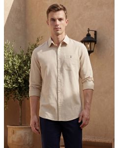 Beige Cricket Club Collection Slim Fit Long Sleeves Spread Collar Solid Cotton Linen Shirt
