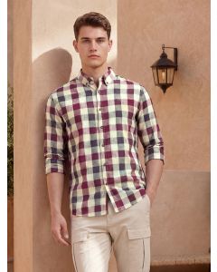 Maroon Cricket Club Collection Long Sleeves Button-Down Collar Cotton Linen Gingham Checks Shirt
