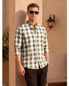 Navy Cricket Club Collection Long Sleeves Button-Down Collar Cotton Linen Gingham Checks Shirt