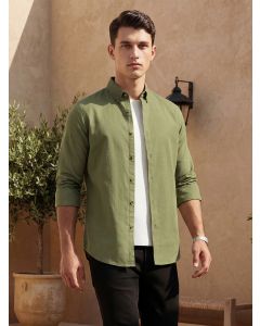 Olive Long Regular Sleeves Slim Fit Button-Down Collar Solid Linen Casual Shirt