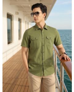 Olive Premium Short Sleeves Slim Fit Spread Collar 2 Flap Pockets Solid Cotton Linen Casual Shirt