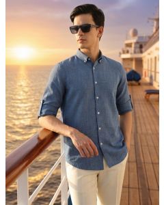 Ink Blue Slim Fit Long Sleeves Button-Down Collar Polyester Casual Shirt