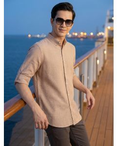 Khaki Slim Fit Long Sleeves Button-Down Collar Polyester Casual Shirt