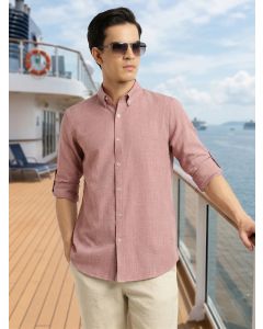 Baby Pink Slim Fit Long Sleeves Button-Down Collar Polyester Casual Shirt