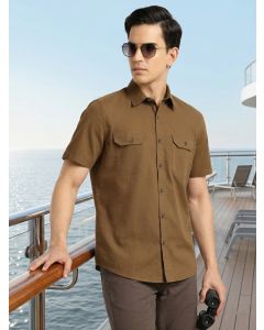 Brown Men's Cricket Club Collection Premium Slim Fit Casual Shirt-Dual Flap Pockets With Short Sleeves