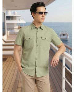Light Olive Men's Cricket Club Collection Premium Slim Fit Casual Shirt-Dual Flap Pockets With Short Sleeves