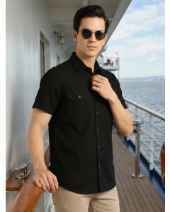 Black Men's Cricket Club Collection Premium Slim Fit Casual Shirt-Dual Flap Pockets With Short Sleeves