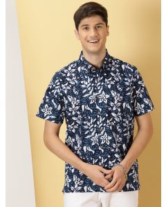 Blue Smart Spread Collar Short Sleeves Slim Fit Floral Printed 100% Cotton Casual Shirt