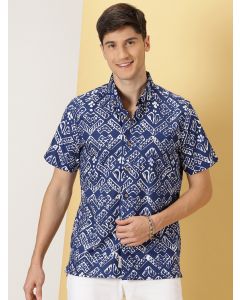Navy Comfort Regular Fit Short Sleeves Button-Down Collar Floral Printed Cotton Casual Shirt