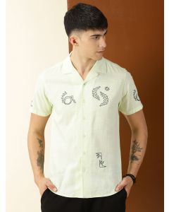 Lime Green Premium Liberal Fit Short Sleeves Conversational Printed Cuban Collar Cotton Casual Shirt
