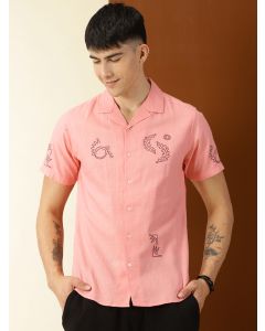 Pink Premium Liberal Fit Short Sleeves Conversational Printed Cuban Collar Cotton Casual Shirt