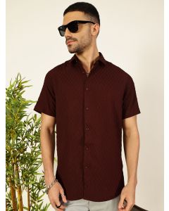 Maroon Premium Short Sleeves Regular Fit Spread Collar Textured Casual Shirt