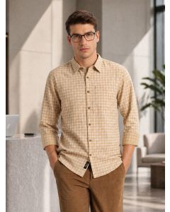 Beige Regular Fit Long Sleeves Spread Collar Windowpane Check 100% Cotton Casual Shirt