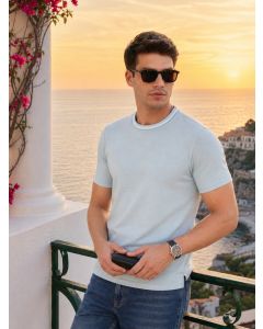 Sky Blue Regular Fit Short Sleeves Round Neck Solid Knitted Tshirt