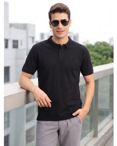 Black Short Sleeves Regular Fit Solid 100% Cotton Polo Collar Knitted T-shirt