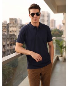 Navy Blue Short Sleeves Regular Fit Solid 100% Cotton Polo Collar Knitted T-shirt