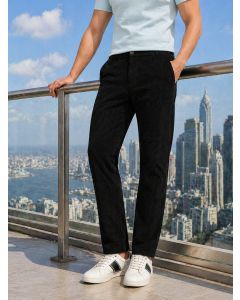 Black Regular Fit Mid-Rise Textured 4-Pockets Design Corduroy Trouser