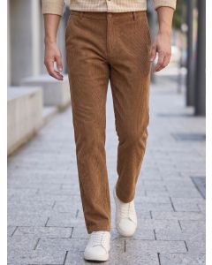 Khaki Regular Fit Mid-Rise Textured 4-Pockets Design Corduroy Trouser