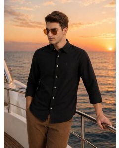 Black Cricket Club Collection Slim Fit Oxford Cotton Casual Shirt with Spread Collar & Long Sleeves