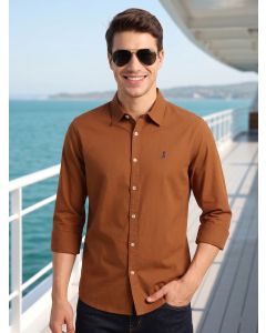 Brown Cricket Club Collection Slim Fit Oxford Cotton Casual Shirt with Spread Collar & Long Sleeves