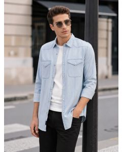 Blue Cricket Club Collection Regular Fit Long Sleeves Spread Collar Cotton Denim Casual Shirt