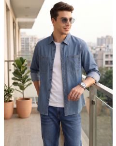 Navy Cricket Club Collection Regular Fit Long Sleeves Spread Collar Medium Shade Cotton Denim Shirt
