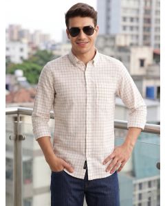 Beige Regular Fit Long Sleeves Button Down Collar Windowpane Check 100% Cotton Casual Shirt