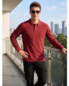 Red Regular Fit Solid Polo Collar Long Sleeve Pure Cotton Knitted T-shirt