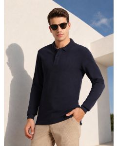 Navy Regular Fit Solid Polo Collar Long Sleeve Pure Cotton Knitted T-shirt