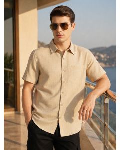 Beige Premium Regular Fit Short Sleeves Spread Collar Polyester Casual Shirt