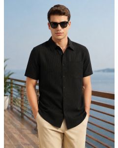 Black Premium Regular Fit Short Sleeves Spread Collar Polyester Casual Shirt