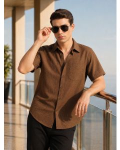 Brown Premium Regular Fit Short Sleeves Spread Collar Polyester Casual Shirt