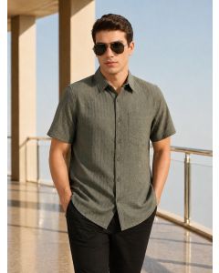 Olive Premium Regular Fit Short Sleeves Spread Collar Polyester Casual Shirt
