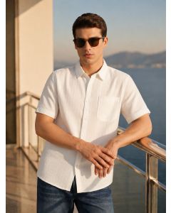 White Premium Regular Fit Short Sleeves Spread Collar Polyester Casual Shirt