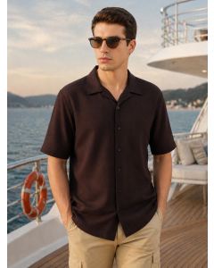 Brown Premium Oversize Fit Short Sleeves Camp Collar Textured Polyester Casual Shirt