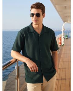 Green Premium Oversize Fit Short Sleeves Camp Collar Textured Polyester Casual Shirt
