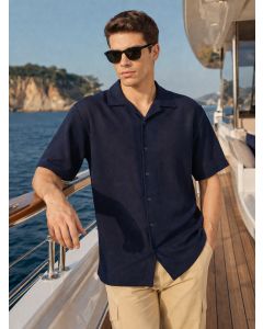 Navy Premium Oversize Fit Short Sleeves Camp Collar Textured Polyester Casual Shirt