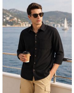 Black Premium Regular Fit Long Sleeves Spread Collar Textured 100% Cotton Casual Shirt