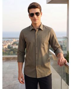Olive Premium Regular Fit Long Sleeves Spread Collar Textured 100% Cotton Casual Shirt