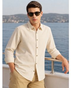 Beige Premium Slim Fit Long Sleeves Spread Collar Textured Cotton Linen Shirt